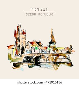 watercolor freehand sketch drawing of Prague Czech Republic top landscape to travel book or poster, aquarelle painting vector illustration