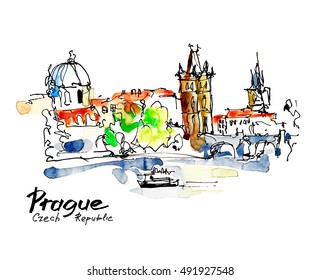 watercolor freehand sketch drawing of Prague Czech Republic top landscape to travel book or poster, aquarelle painting vector illustration