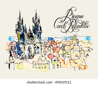 watercolor freehand sketch drawing of Prague Czech Republic top landscape with calligraphy lettering to travel book or poster, aquarelle painting vector illustration