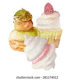 Watercolor french cakes desserts hand drawn eps10