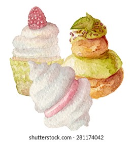 Watercolor french cakes desserts hand drawn eps10