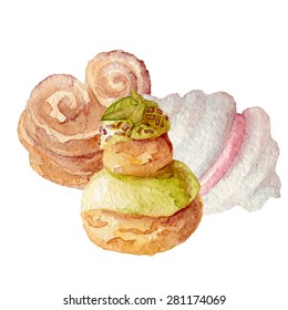 Watercolor french cakes desserts hand drawn eps10
