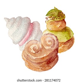 Watercolor french cakes desserts hand drawn eps10