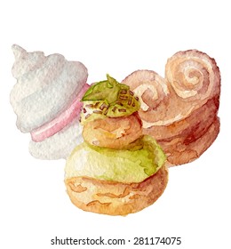 Watercolor french cakes desserts hand drawn eps10