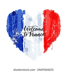 Watercolor french flag in heart shape and welcome to France hand drawn calligraphy lettering. Vector illustration. Poster, greeting card, print design element isolated on white background