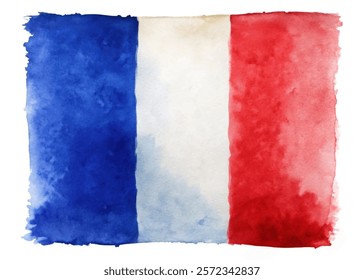 Watercolor French flag, vibrant blue, white, red colors, artistic style, national symbol, decorative purpose.