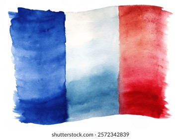 Watercolor French flag, vibrant blue, white, red colors, artistic design, patriotic symbol, abstract style.