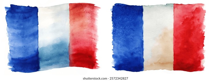 Watercolor French flag, vibrant colors, artistic style, patriotic design, abstract background, artistic representation.