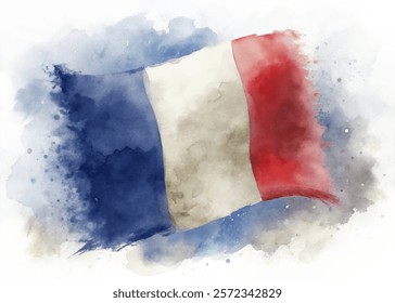 Watercolor French flag, vibrant colors, artistic style, patriotic symbol, abstract background, creative design.