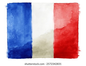 Watercolor French flag, vibrant colors, artistic style, patriotic symbol, textured background, national identity representation.