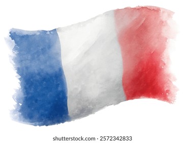 Watercolor French flag, vibrant colors, artistic design, patriotic symbol, national identity, creative illustration.