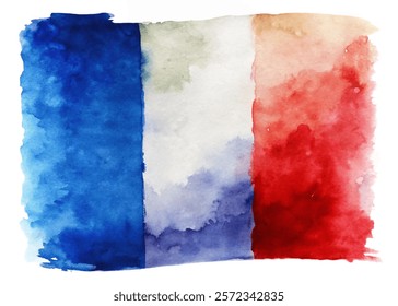 Watercolor French flag, vibrant colors, artistic design, patriotic symbol, abstract background, creative illustration.