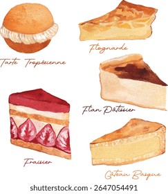 Watercolor French Pastries Set – Tarte Tropézienne, Flan, Gâteau Basque, Fraisier, Flognarde