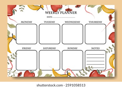 Watercolor Fresh Apple Banana Fruit Weekly Planner Template Printable