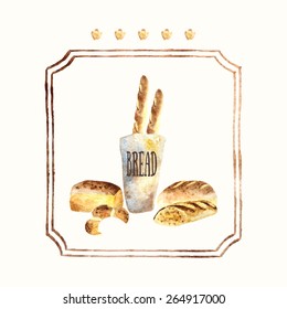 Watercolor fresh bread bakeries with baguette,loaf of white bread, bagel vintage styled