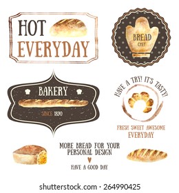 Watercolor fresh bread bakeries with baguette,loaf of white bread, bagel vintage styled, banners, icons for your design