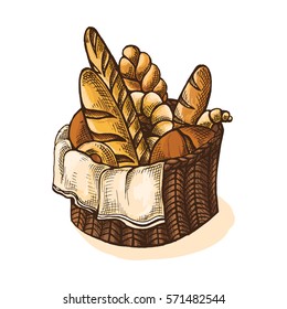 Watercolor Fresh Bread Basket in graphic style