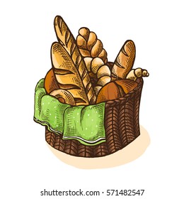 Watercolor Fresh Bread Basket in graphic style
