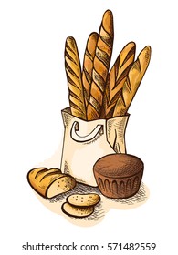 Watercolor Fresh Bread in paper bag in graphic style