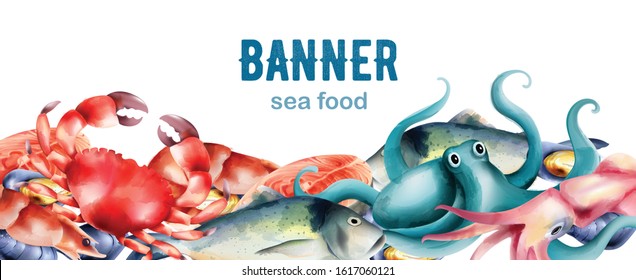 Watercolor fresh fish and mollusc from the sea