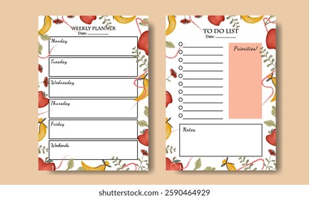 Watercolor Fresh Fruit Banana Apple Illustration Weekly Planner Template Printable