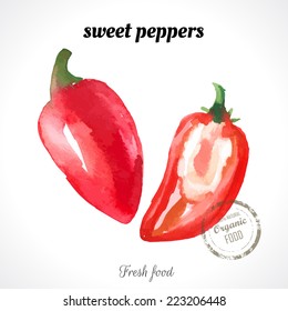 Watercolor fresh red pepper. Provencal style. Recent watercolor paintings of organic food.