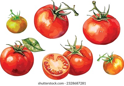 Watercolor Fresh ripe cherry tomatoes on the branch. Hand drawn watercolor illustration isolated on white background, slice tomato, red tomato,vector
