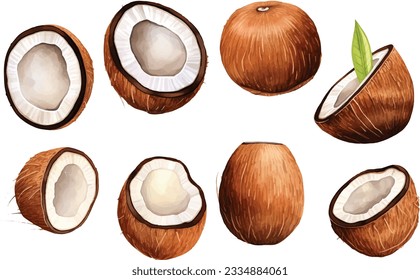  Watercolor Fresh ripe coconut, coconut half piece with white flesh. Tropical coconut fruits on white background svg