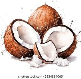  Watercolor Fresh ripe coconut, coconut half piece with white flesh. Tropical coconut fruits on white background