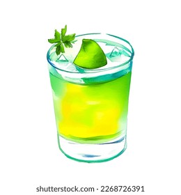 Watercolor fruit cocktails drink for summer party. Logo creator for cocktails drink bar menu. High quality watercolor hand drawn drink illustration