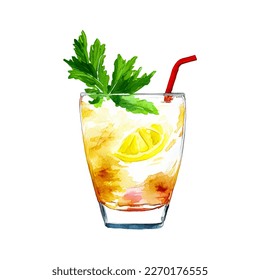 Watercolor fruit cocktails drink for summer party. Logo creator for cocktails drink bar menu. High quality watercolor hand drawn drink illustration