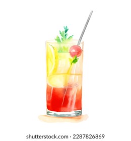 Watercolor fruit cocktails drink for summer party. Logo creator for cocktails drink bar menu. High quality watercolor hand drawn drink illustration