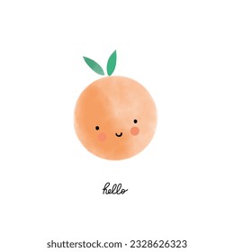 Watercolor fruit. Cute cartoon character with eyes and smiles, peach or orange, Hand drawn lettering. Childish nursery and textile decor. T-shirt print, card or wall poster, vector illustration