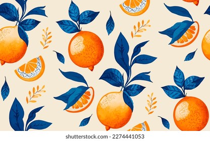 Fruto de agua naranja sin costuras de flores y hojas aisladas en fondo blanco. Productos orgánicos para el diseño de alimentos saludables, cocina, mercado, menú, textiles.