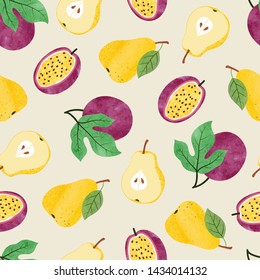 Watercolor fruit pattern with pear and passion fruit.