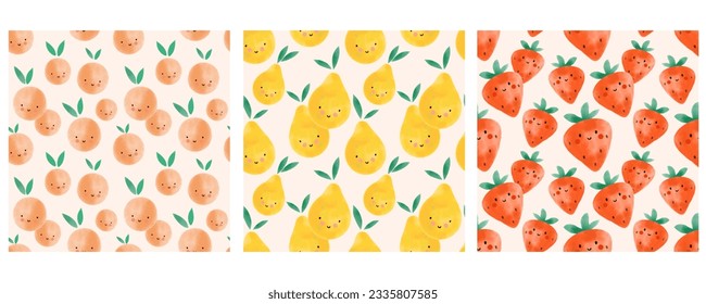 Patrón sin fisuras de frutos acuarelas. Personaje de dibujos animados con ojos y sonrisas, melocotón, pera y fresa. Madera infantil y decoración textil. Impresión de camisetas, papel envolvente, diseño de papel pintado, vector