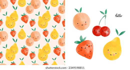 Patrón sin fisuras de frutos acuarelas. Personaje de dibujos animados con ojos y sonrisas, melocotón, pera y fresa. Madera infantil y decoración textil. Impresión de camisetas, papel envolvente, diseño de papel pintado, vector