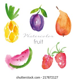 Watercolor fruit set. EPS 10. No transparency. No gradients.