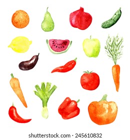 Watercolor fruit and vegetable icons, vector illustration, aubergine, carrot, cucumber, watermelon