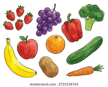 Watercolor Fruit and Vegetable Vector Set. Hand Drawn Fresh Produce Collection Isolated on White Background