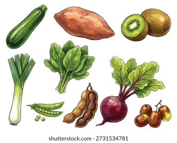 Watercolor Fruit and Vegetable Vector Set. Hand Drawn Fresh Produce Collection Isolated on White Background