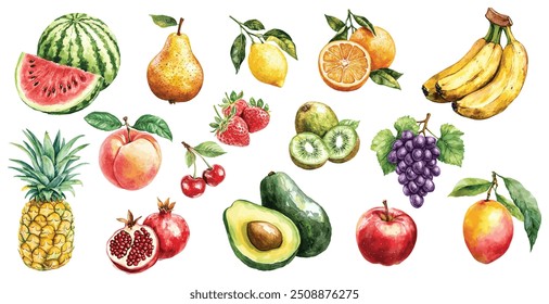 Watercolor Fruits, Apple, Pomegranate, Strawberry, Watermelon, Avocado, Banana, Cherry, Grape, Kiwi, Lemon, Mango, Orange, Peach, Pear, Pineapple. White background