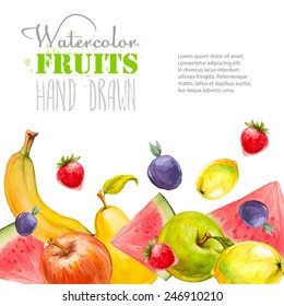 Watercolor fruits background. Hand drawn vector illustration. Organic food banner.