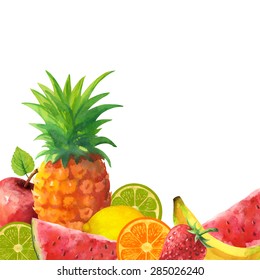 Watercolor fruits, berries, green leaves, mix. Pineapple, watermelon, banana, orange, lemon, apple, lime, strawberry, border on white background. Hand painting on paper