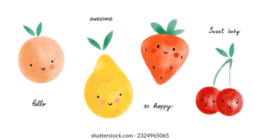 Watercolor fruits. Cute cartoon characters with eyes and smiles, peach or orange, pear strawberry and cherry. Hand drawn lettering. Decor elements for childish nursery and textile decor. Vector set