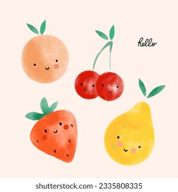 Watercolor fruits. Cute cartoon characters with eyes and smiles, peach or orange, pear strawberry and cherry. Hand drawn lettering. Decor elements for childish nursery and textile decor. Vector set