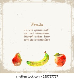 Watercolor fruits and a grunge frame. Vector illustration