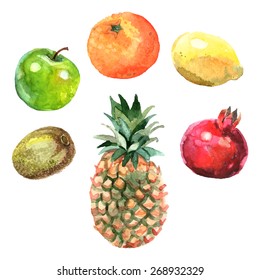 Watercolor fruits set with pineapple kiwi apple orange lemon and pomegranate isolated vector illustration