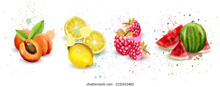 Watercolor fruits set Vector. Apricot, lemon, raspberry and watermelon delicious illustration