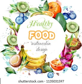 Watercolor fruits wreath Vector. Kiwi, banana, blueberry Tropic summer fruit composition
